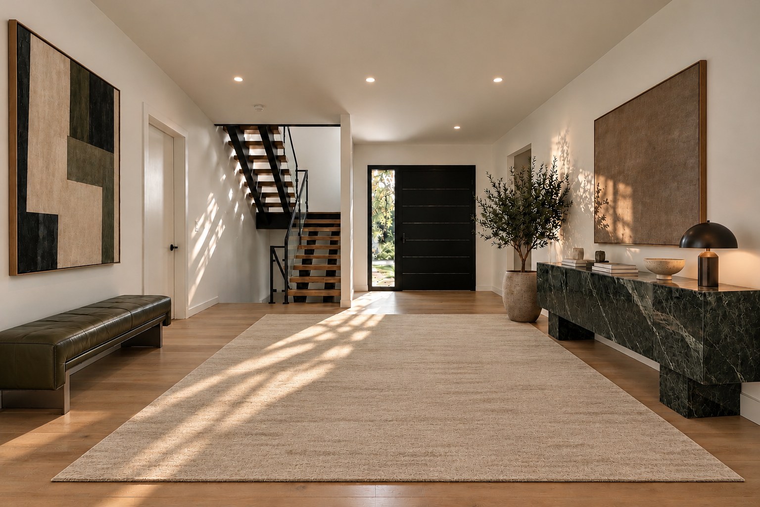 Entrance hall with open stair and front door, McLain residence, Bedford Corners, NY