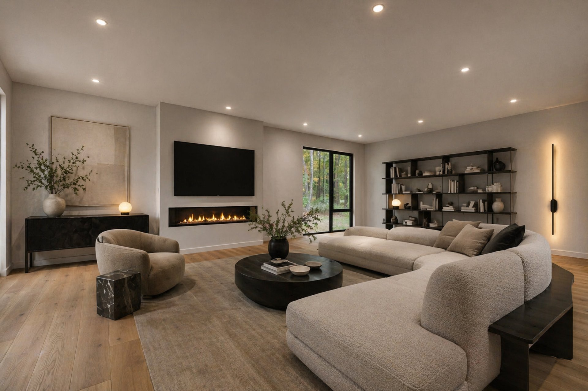 Neutral living room with linear fireplace