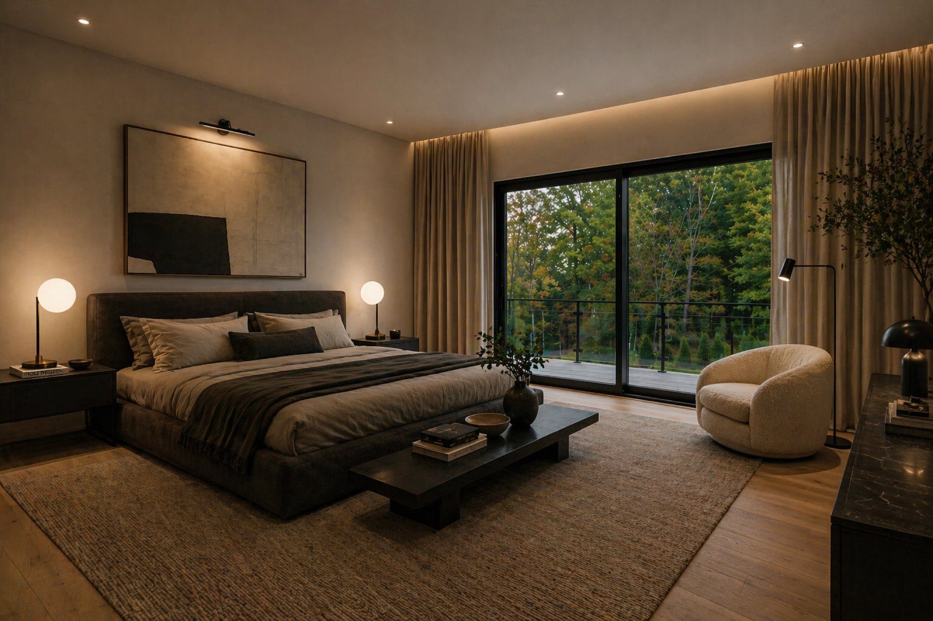 Moody primary suite with private terrace