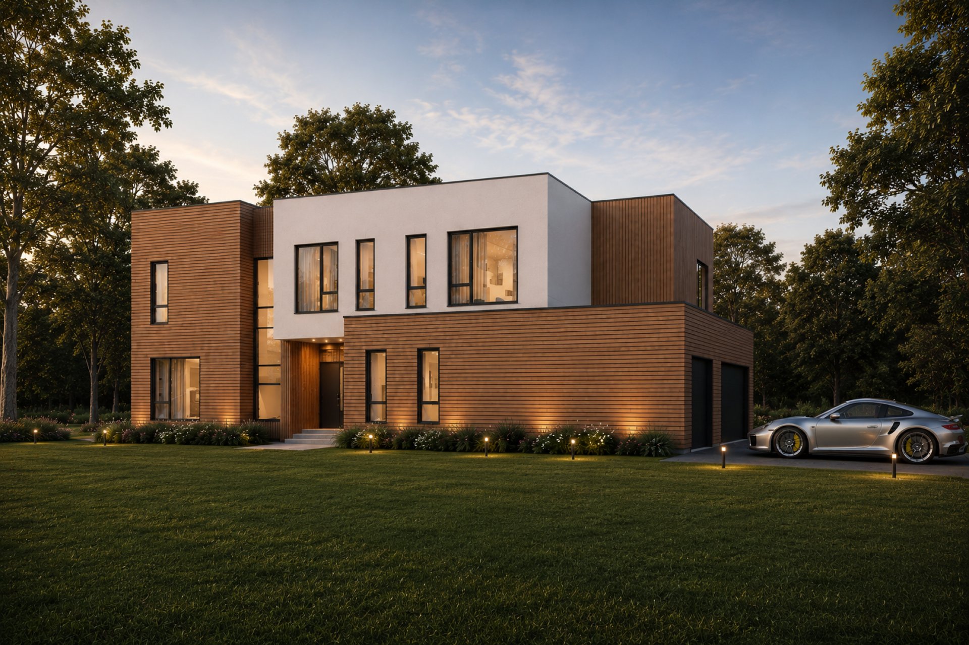 Mercer Court, Purchase, NY: rendering of a brick and white-rendered residence at dusk, lit from within